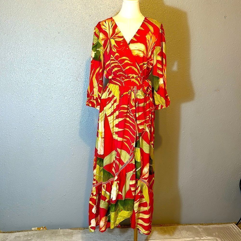 Powder women’s tropical dark rose color wrap dress size S